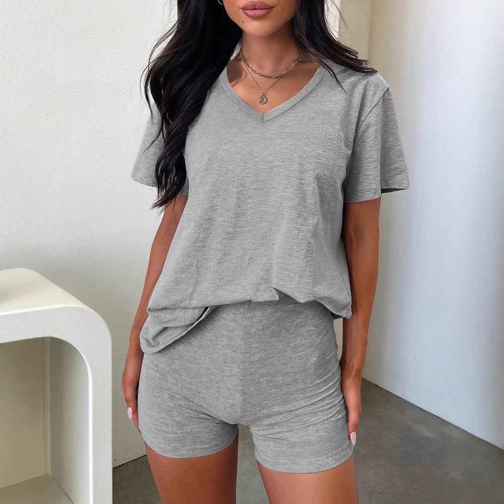 V-neck Fashion Solid Color Casual Fashion Shorts Suit Women