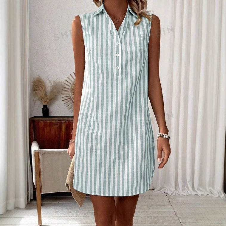 Minimalist Sleeveless V-neck Buttons Striped Shirt Dress