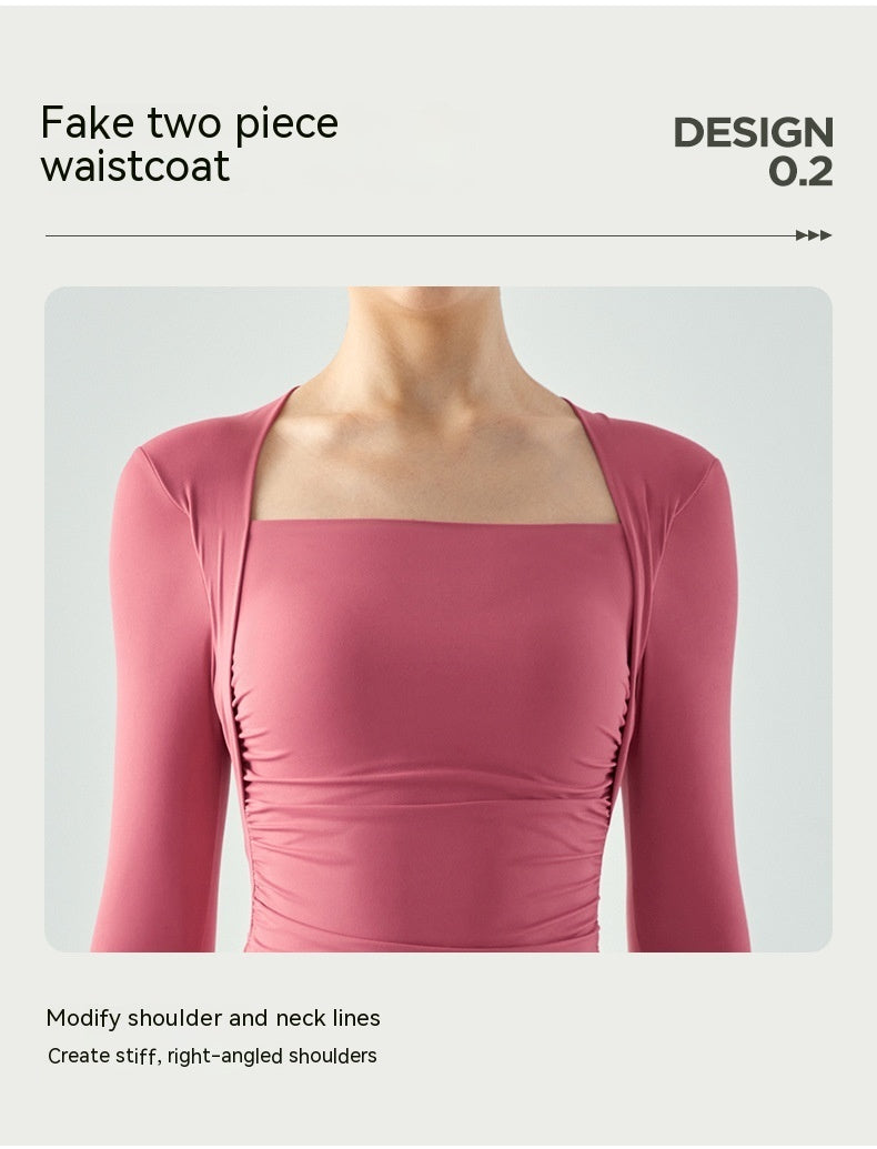 Fake Two-piece Yoga Clothes Long Sleeve Semi-fixed Water Drop Cup Pleating Slim Fit Sports T-shirt
