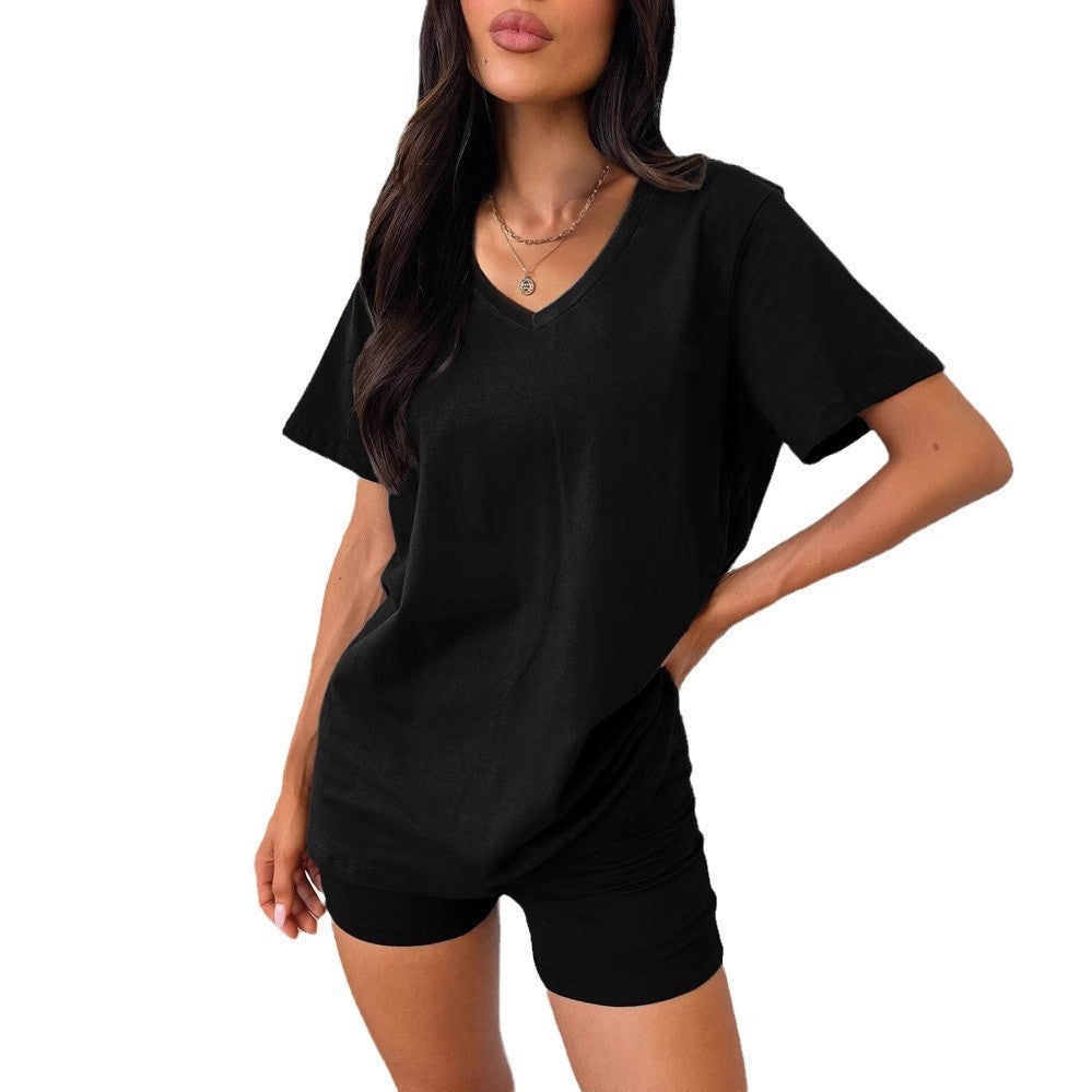 V-neck Fashion Solid Color Casual Fashion Shorts Suit Women