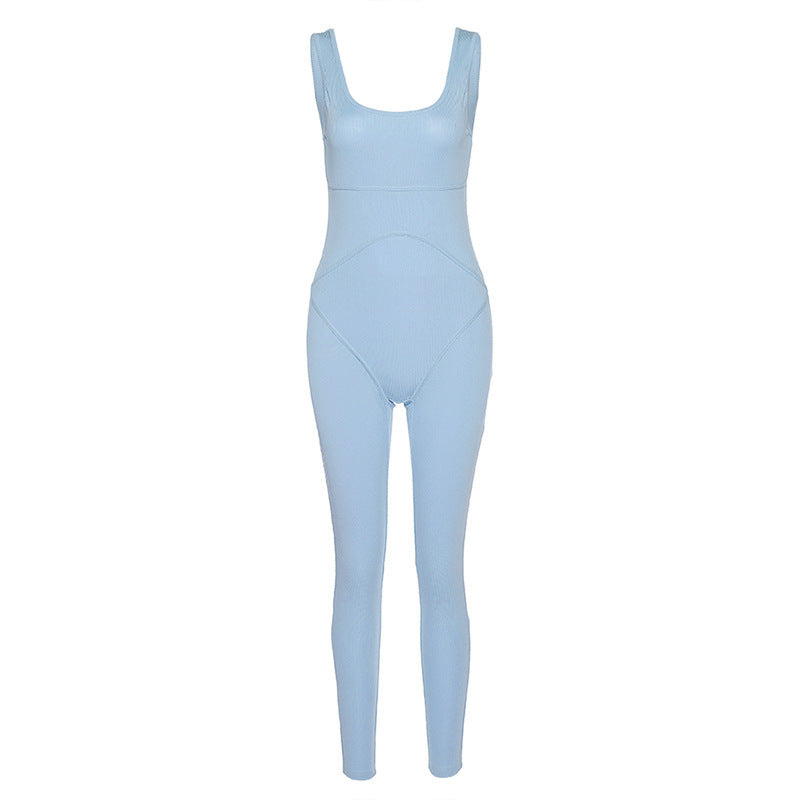 Open-back hip thread jumpsuit