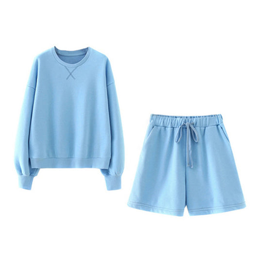 Loose And Thin Solid Color Round Neck Long-sleeved Sweater With Shorts Two-piece Suit