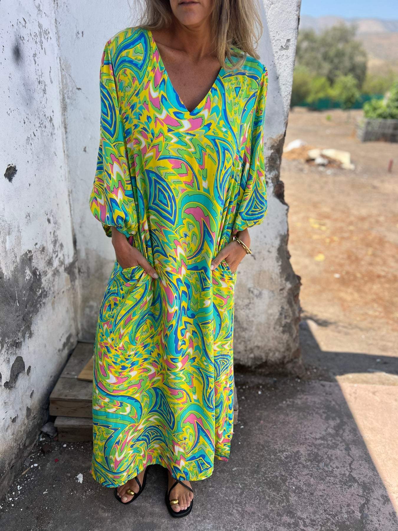 Loose Casual V-neck Printed Tape Pocket Dress