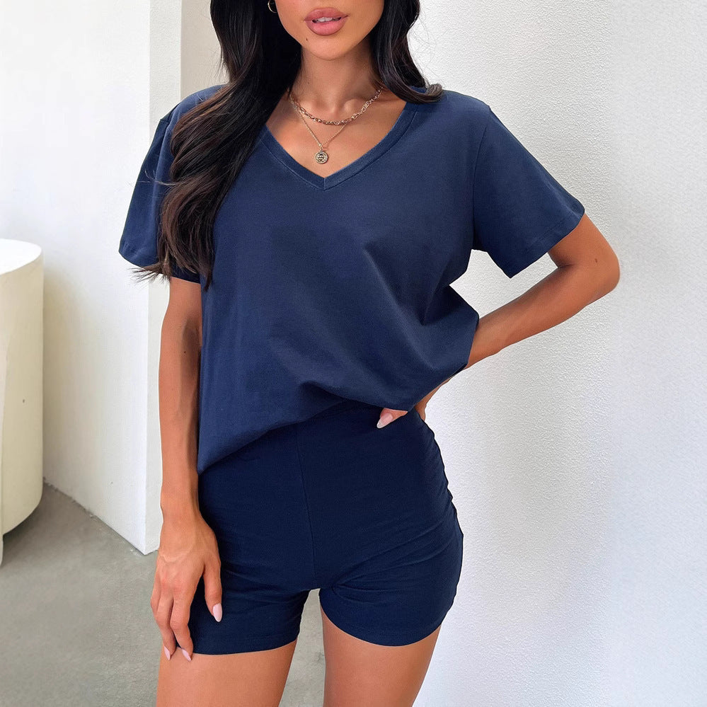 V-neck Fashion Solid Color Casual Fashion Shorts Suit Women
