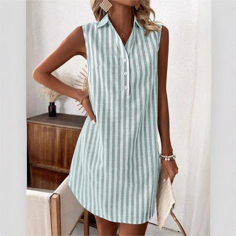 Minimalist Sleeveless V-neck Buttons Striped Shirt Dress